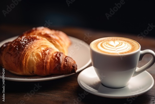 Fresh Croissant and Latte on a Rustic Table