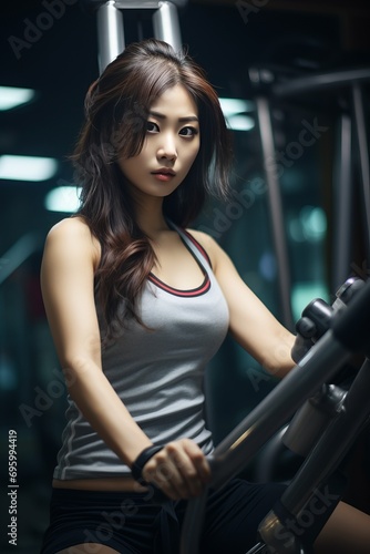 A young Asian girl in sportswear occupying a gym. Exercise equipment, running. Fitness and sports exercises