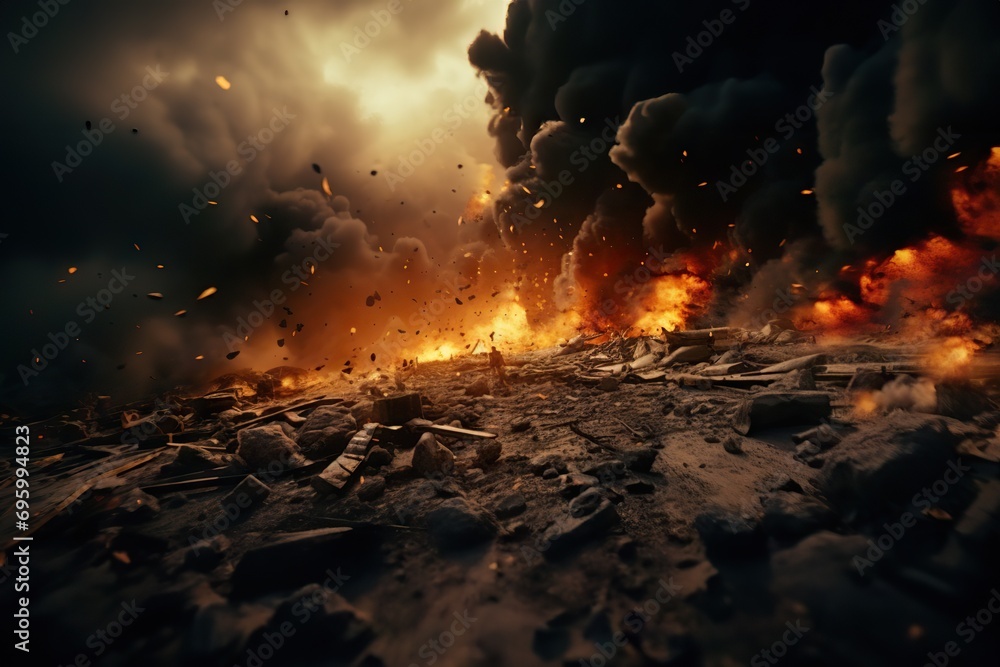 Fototapeta premium War's Unforgiving Fury Military Bombing or Air Strike, Burning Target Location with Missile Rockets and Shells, Unleashing Fire and Smoke in a Devastated Warzone 