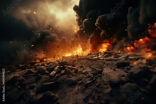 War's Unforgiving Fury Military Bombing or Air Strike, Burning Target Location with Missile Rockets and Shells, Unleashing Fire and Smoke in a Devastated Warzone  © photobuay