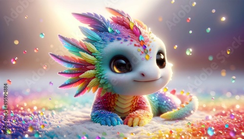 Cute rainbow little dragon. Cartoon character dragon. Fantasy Funny baby monster with big eyes. Fairy-tale hero. Children book. Illustration of tales. Toy design. Print. Copy space. Isolated photo