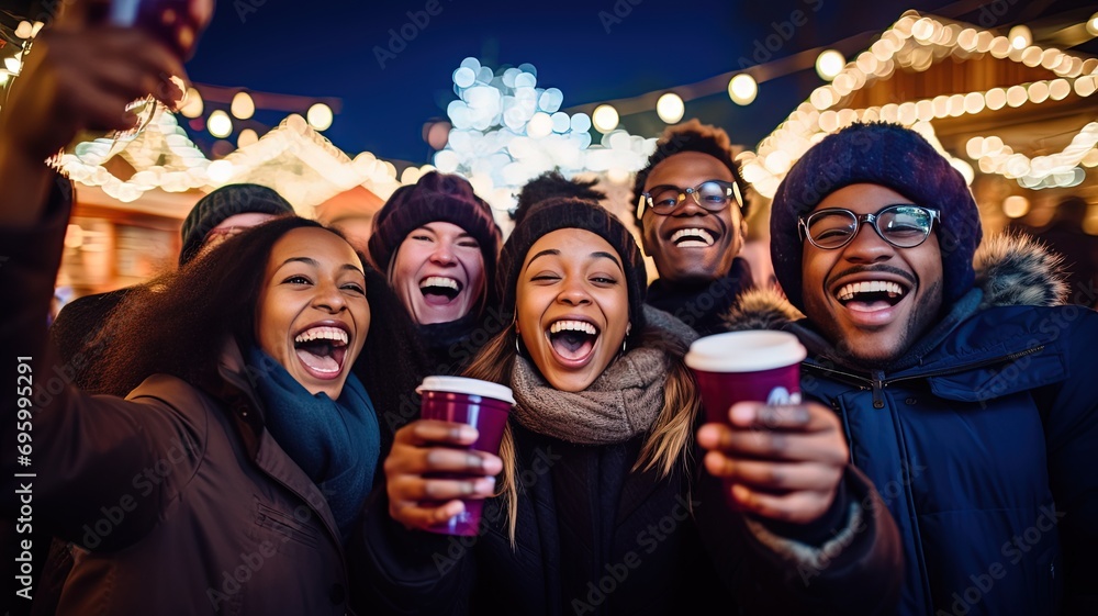 men and women drinking mulled wine and beer  celebrate winter holiday together at fun fair, happy and togetherness, Generative Ai