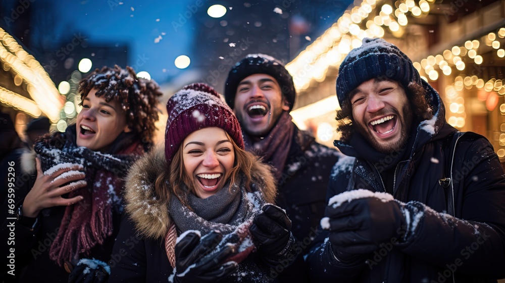 men and women celebrate winter holiday together at fun fair, happy and togetherness, Generative Ai