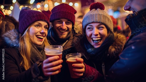 men and women drinking mulled wine and beer celebrate winter holiday together at fun fair, happy and togetherness, Generative Ai