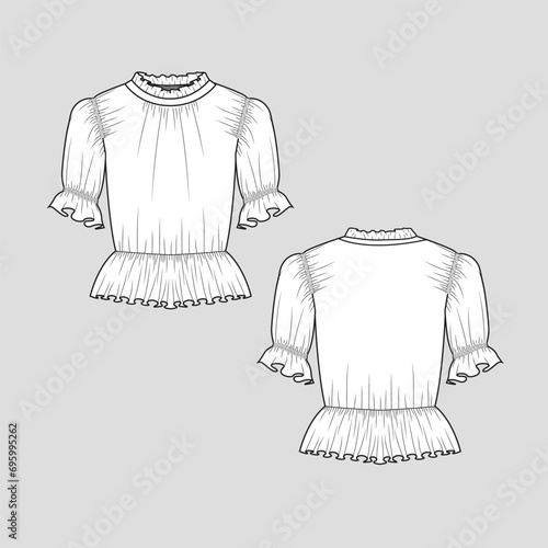 Frill Neck Gathering Ruffles peplum Top Elastic gathering Sleeve  top blouse Fashion clothing flat sketch technical drawing template design vector