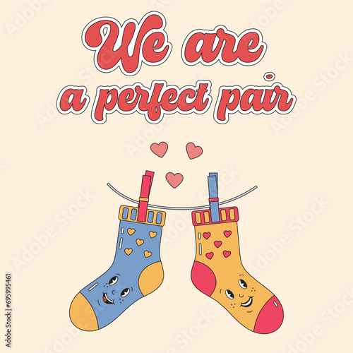 Romantic pair of striped socks with hearts in retro hippie groovy style. I love you Valentine Day card. Romantic couple, perfect pair concept. Cute greeting card, poster, gift tag.