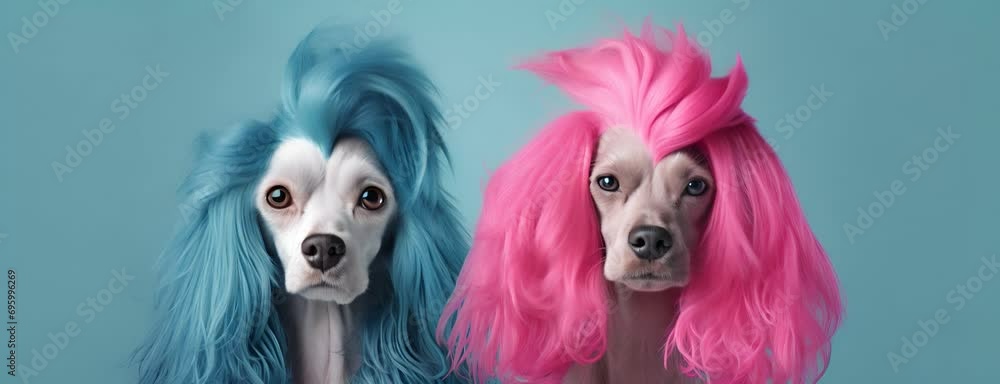 Dogs with pink and blue hair look straight ahead against a blue background, creating a fun and creative image. Banner Dogs with pink and blue hair look straight ahead against a blue background, creating a fun and creative image. Banner