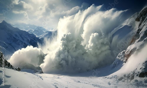 A snow avalanche cascades down a mountain slope, raising clouds of snow under a bright blue sky. photo