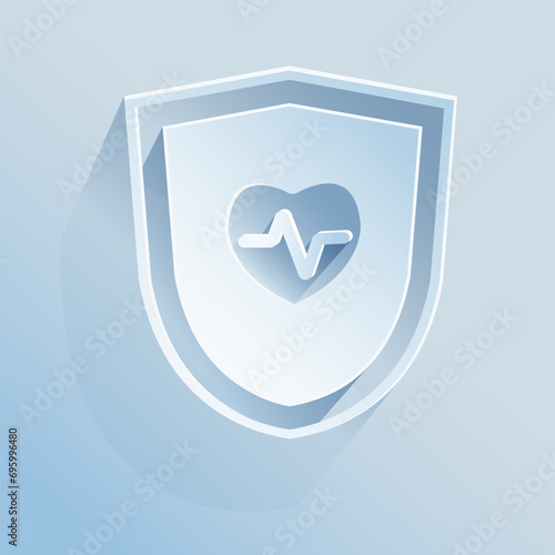 Cardiac arrhythmia, life insurance.
The shield icon is made of paper on a light background.
 Security, life insurance. A vector image.

