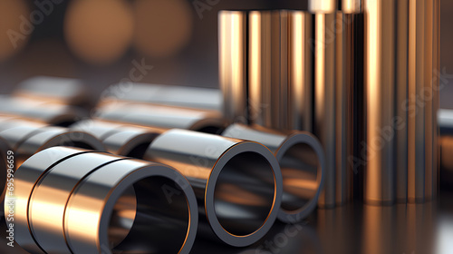 Non-ferrous metal products. Metal rolled products on a blurred background.