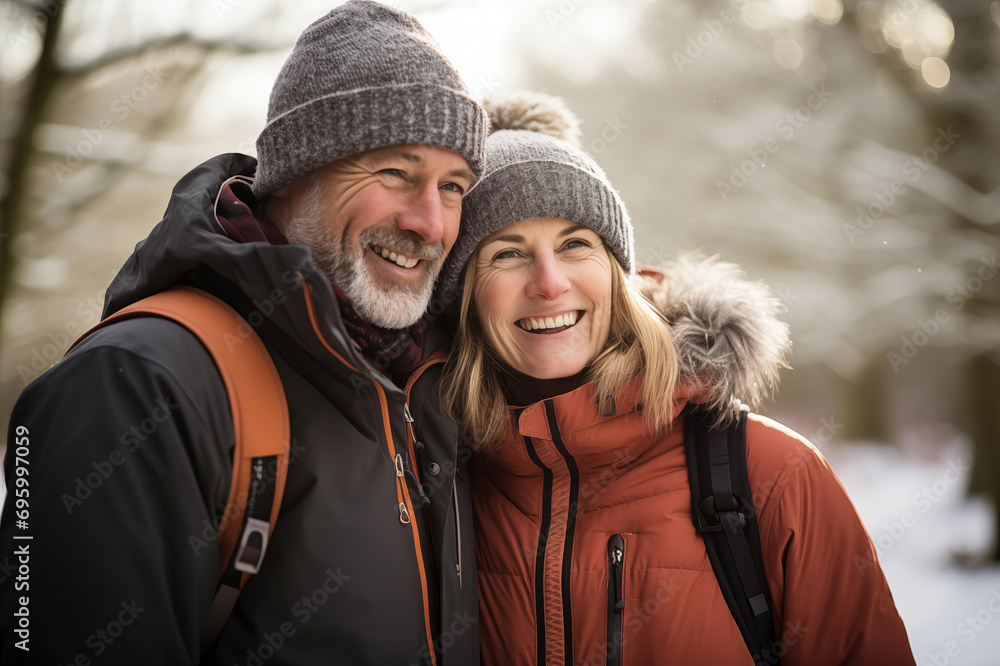 A smiling couple, dressed warmly, enjoys a winter day outdoors together