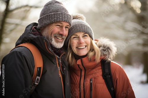 A smiling couple, dressed warmly, enjoys a winter day outdoors together