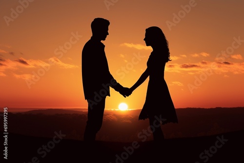 Silhouette of a loving couple holding hands and looking at the sunset.
