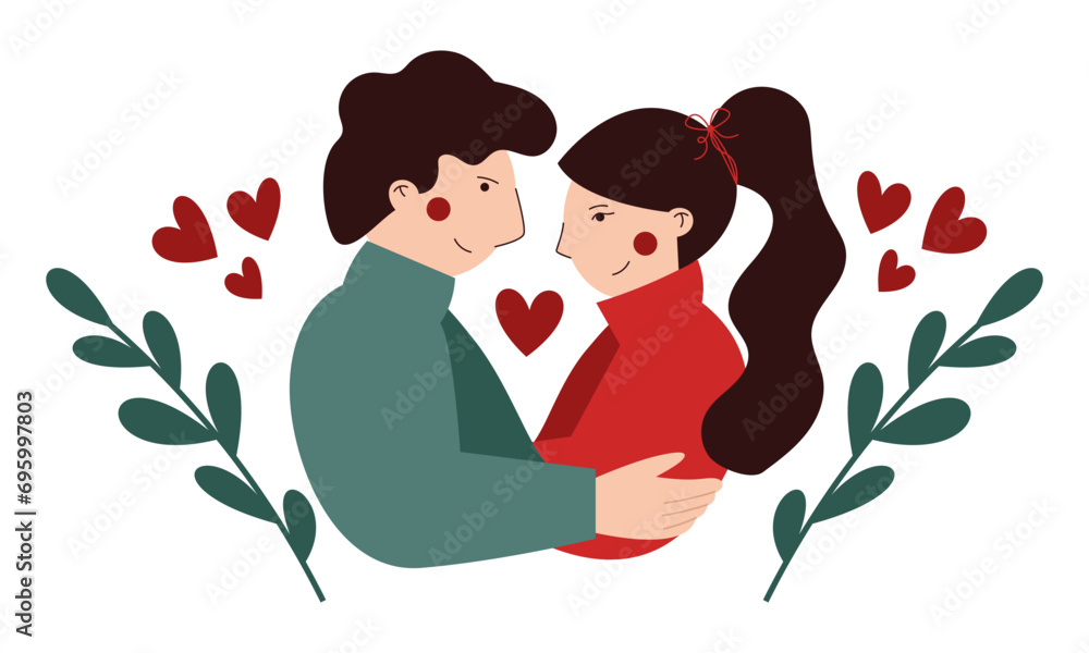 Couple in love with hearts vector illustration. Guy and girl look at each other and embrace Couple in love with hearts vector illustration. Guy and girl look at each other and embrace