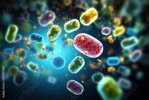 Microcosmic Symphony Group of Floating Microscopic Bacteria and Microbes for Medical Health Tests, Lab Results, Scientific Research, Biology, and Microbiology Concepts. created with Generative AI