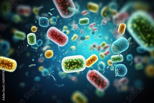 Microcosmic Symphony Group of Floating Microscopic Bacteria and Microbes for Medical Health Tests, Lab Results, Scientific Research, Biology, and Microbiology Concepts. created with Generative AI