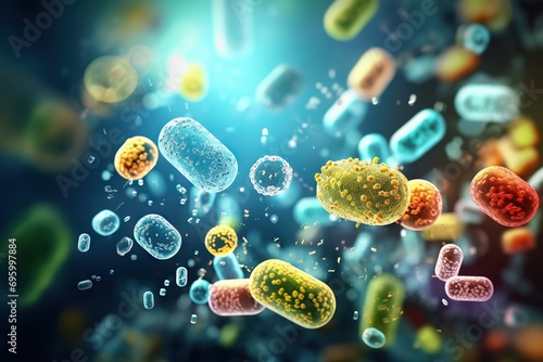 Microcosmic Symphony Group of Floating Microscopic Bacteria and Microbes for Medical Health Tests, Lab Results, Scientific Research, Biology, and Microbiology Concepts. created with Generative AI