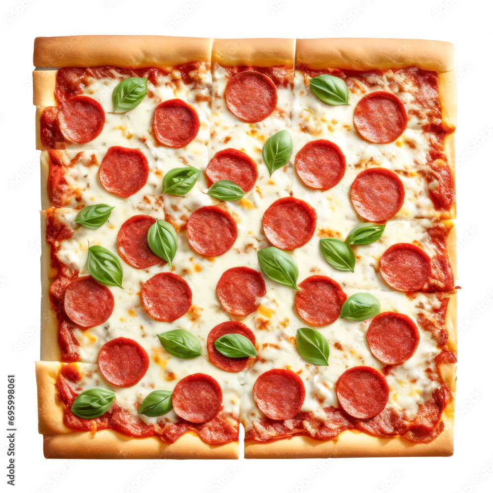 Above View of Square Pepperoni Pizza with Fresh Basil Leaves Above View of Square Pepperoni Pizza with Fresh Basil Leaves