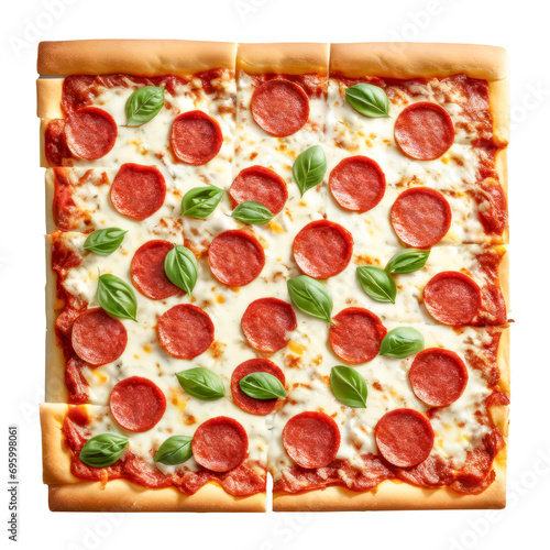 Above View of Square Pepperoni Pizza with Fresh Basil Leaves