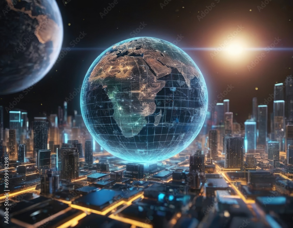 Metaverse glowing digital world planet cyber Earth. Concept general virtual money, Abstract business crypto technology Metaverse glowing digital world planet cyber Earth. Concept general virtual money, Abstract business crypto technology