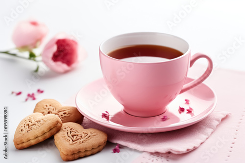Valentine's Day, tea in a pink cup and heart cookies, on a delicate pink background with flowers. Romantic evening for Valentine's Day