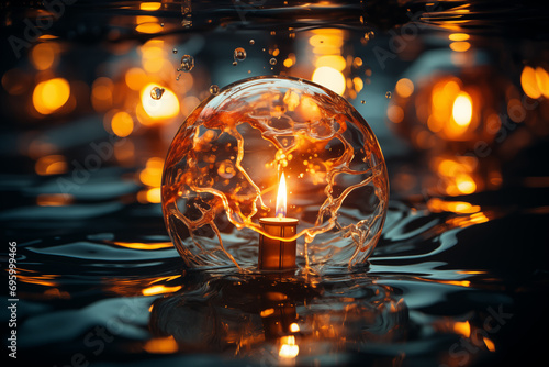 Showcase the interaction between bubbles and a submerged light bulb. Capture the play of light and shadow on the bubbles, turning the photo into a dynamic display of underwater bri photo