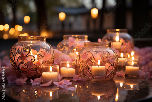 Arrange candles in a heart shape and capture their reflection in a mirror. This romantic composition can be used for commercial purposes related to events like weddings or romantic