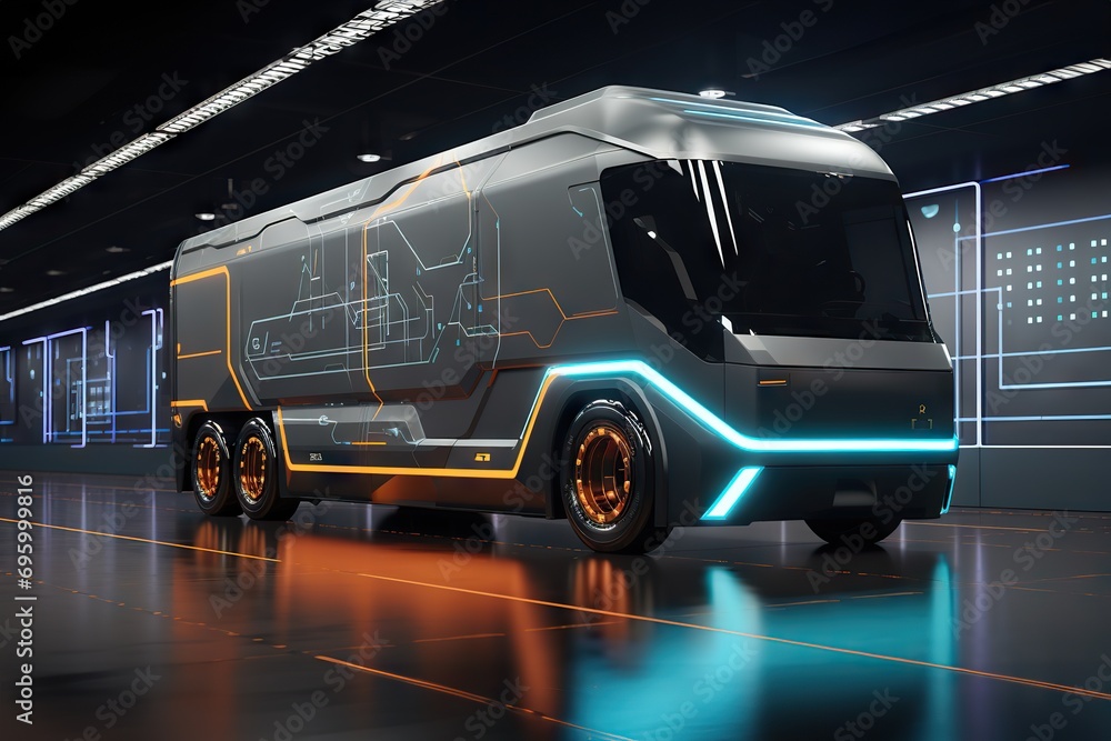 Automotive Evolution Futuristic Electric Truck Delivery Parked in Warehouse Storage with Full Self-Driving System Activated – Wide Banner HUD Datum with Ample Copy Space Area. 