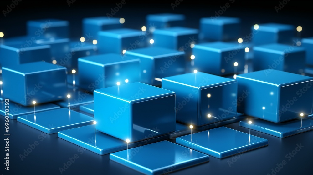 Abstract futuristic design with isometric elements. A blue-themed digital environment symbolizing technology, connectivity, and artificial intelligence Abstract futuristic design with isometric elements. A blue-themed digital environment symbolizing technology, connectivity, and artificial intelligence