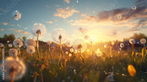 Sunset in the grass.dandelion on the meadow.Dandelions in the flower meadow. The bright sun is shining.