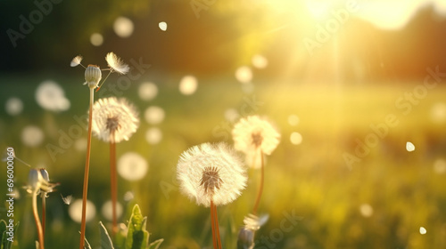 dandelion on the meadow.Dandelions in the flower meadow. The bright sun is shining.