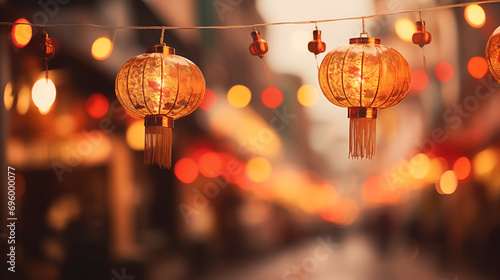 Chinese Lunar New Year seasonal social media background design with copy space for text. Chinese traditional celebration. Golden Chinese lanterns hang across the road with a blurred background.