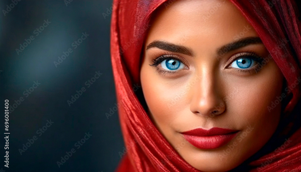 Close-up of a Girl's Magnetic Gaze with Ocean Blue Eyes. Portrait of a Woman in Red Hijab on a Black Background. Celebrating World Hijab Day. Free Copy Space. 16:9 Image. Close-up of a Girl's Magnetic Gaze with Ocean Blue Eyes. Portrait of a Woman in Red Hijab on a Black Background. Celebrating World Hijab Day. Free Copy Space. 16:9 Image.