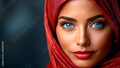 Close-up of a Girl's Magnetic Gaze with Ocean Blue Eyes. Portrait of a Woman in Red Hijab on a Black Background. Celebrating World Hijab Day. Free Copy Space. 16:9 Image.