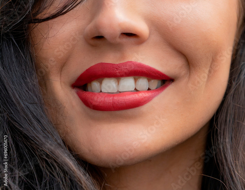 Detail of a female mouth with full lips. Lips slightly open to glimpse white teeth. Woman s lips and nose. Soft skin. Naturally plump full Lips. Close-up face detail. Perfect clean skin.