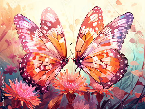 Illustration of Two butterflies  each with delicate patterns  sharing a gentle kiss on the petal of a blooming flower. St Valentine s Day concept