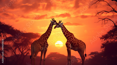 Illustration of Two giraffes standing against a warm and vibrant sunset. Silhouetted savannah landscape  acacia trees in the distance  clouds painted with sunset hues. St Valentine s Day