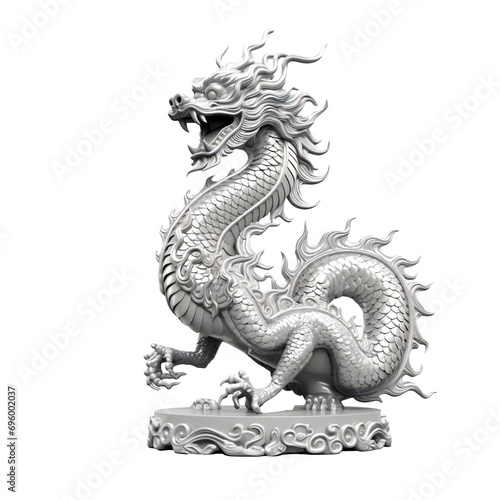old metal statue of Chinese dragon isolated on transparent. silver dragon cut out