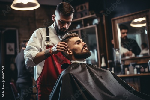 A barber cutting a mans hair in a barber shop