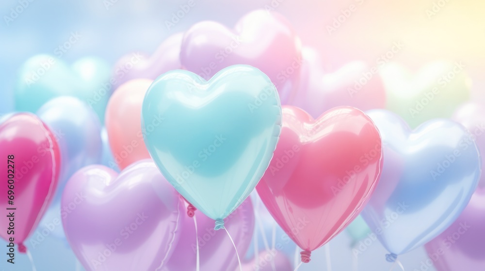 Close up of heart-shaped balloons floating in mid-air against a pastel background, creating a vibrant rainbow palette with a touch of white lighting.
