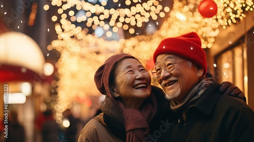 Portrait of a happy Asian elderly couple in a coat, scarf on the street with festive lights. Elderly people talking laughing on the street