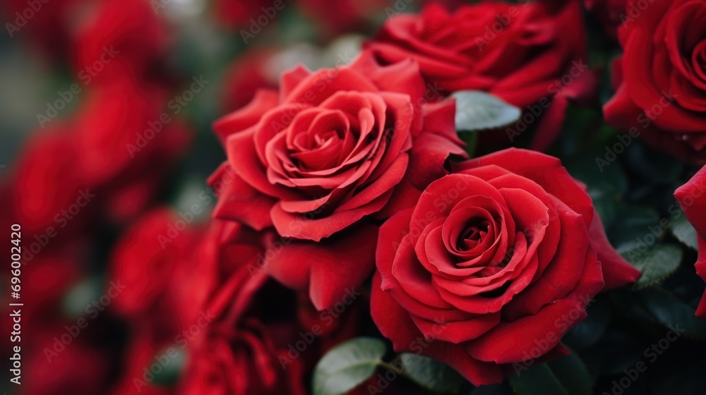 Obraz premium Close-up of elegant, romantic red roses in full bloom, showcasing their delicate beauty in their natural habitat