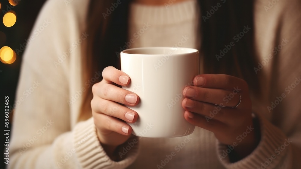 Closeup of female hands holding a ceramic mug of beverage Closeup of female hands holding a ceramic mug of beverage