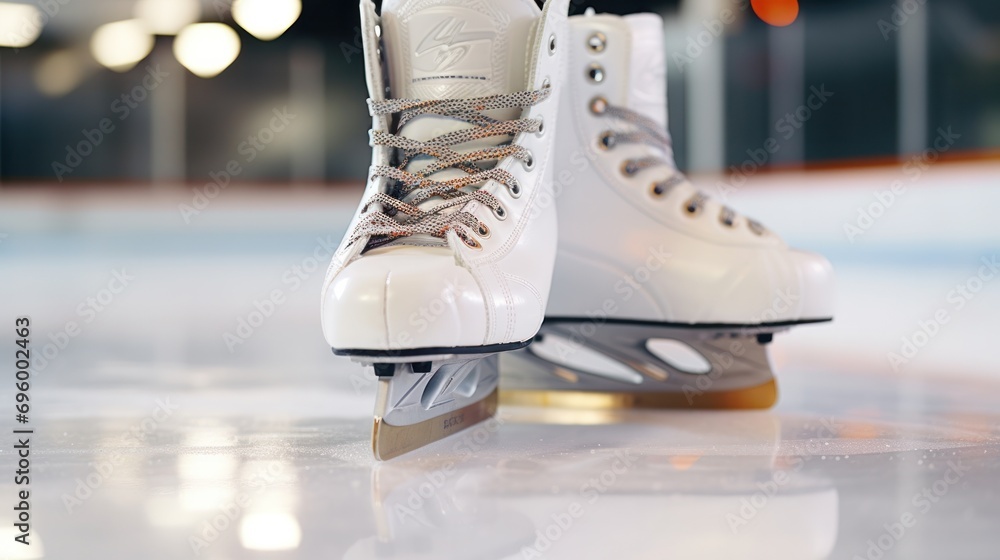 Close-up of figure skates on ice background with distinctive marks from skating or hockey, providing ample copy space - obrazy, fototapety, plakaty 