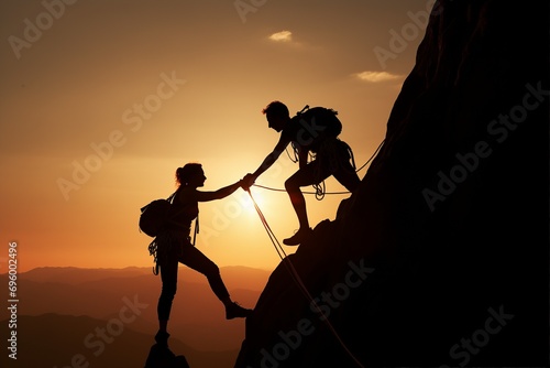 A couple of people climbing up the side of a mountain