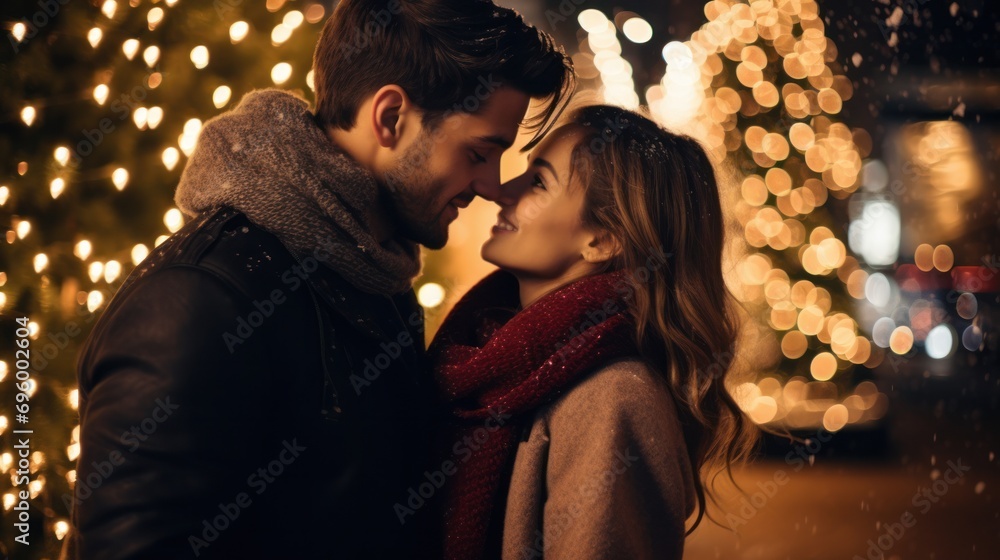 Closeup photo of a smiling couple enjoying a festive Christmas evening in a beautifully lit garland adorned house, next to a dazzling Christmas tree in an outdoor setting.