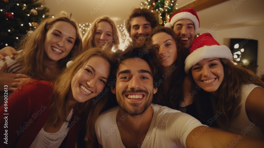 Close-up selfie of a smiling guy and lady, cuddling and enjoying a Christmas party in a beautifully decorated house with festive lights.