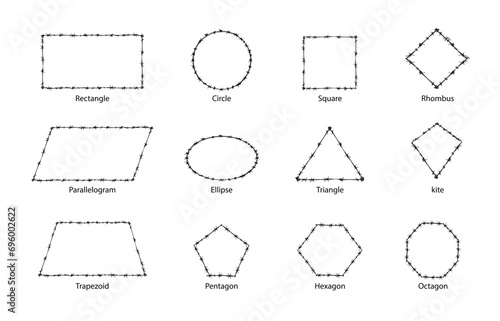 Barb wire shapes and pattern texture design vector graphic. Basic geometric shapes collection vector set. Brush and stroke vector design.