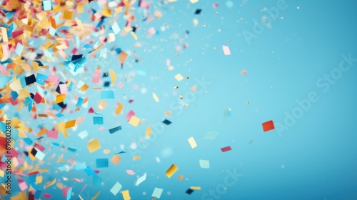 Colorful confetti and streamers on blue background for celebration and party concept.