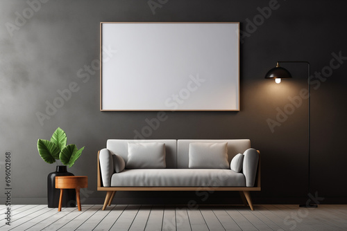 Explore a modern interior setting with an empty vertical picture frame, showcasing elegance against a dark classic wall, sofa, and stylish furniture backdrop
